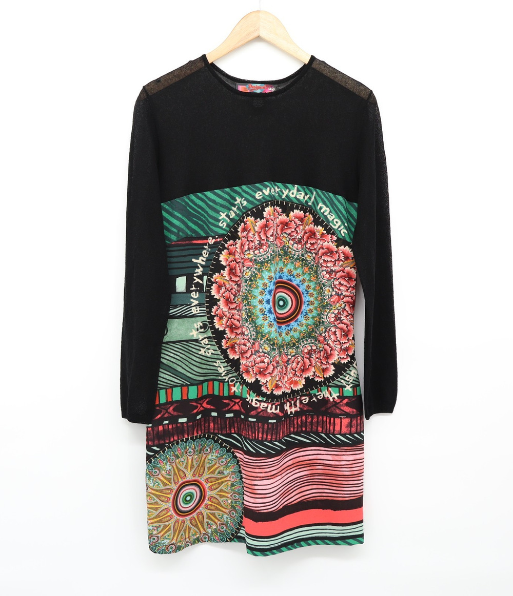 Desigual Sz 10 Medallion Print Sheer Top Dress Black Multi Art Wear